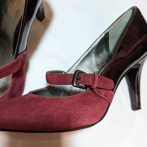 Anne Klein Burgundy Suede & Patent Leather Maryjane Heels Pump with buckle.